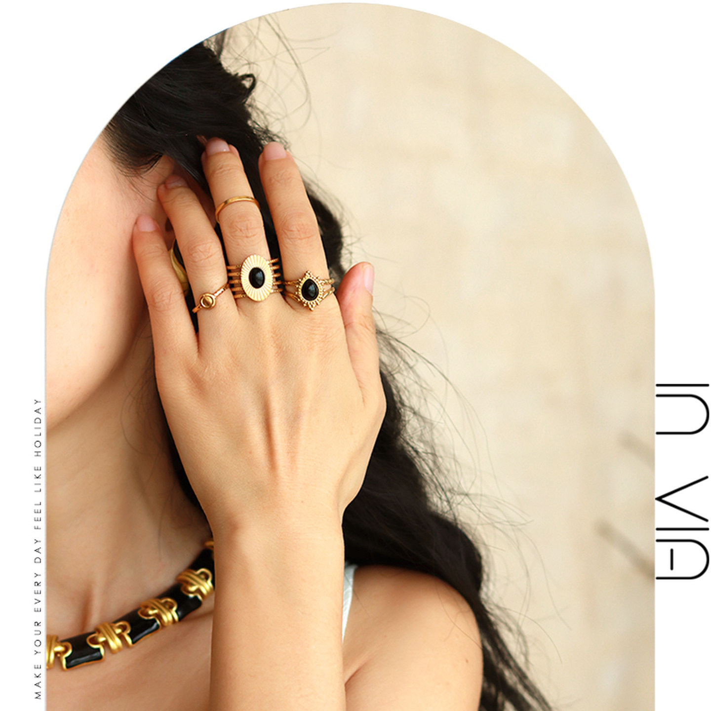 invia开口钛钢金色戒指女小众设计叠戴轻奢高级感复古波西米亚风