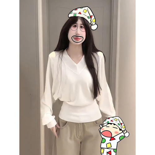 秋冬新款慵懒松弛感纯色V领针织衫女装毛衣叠穿打底衫长袖小上衣