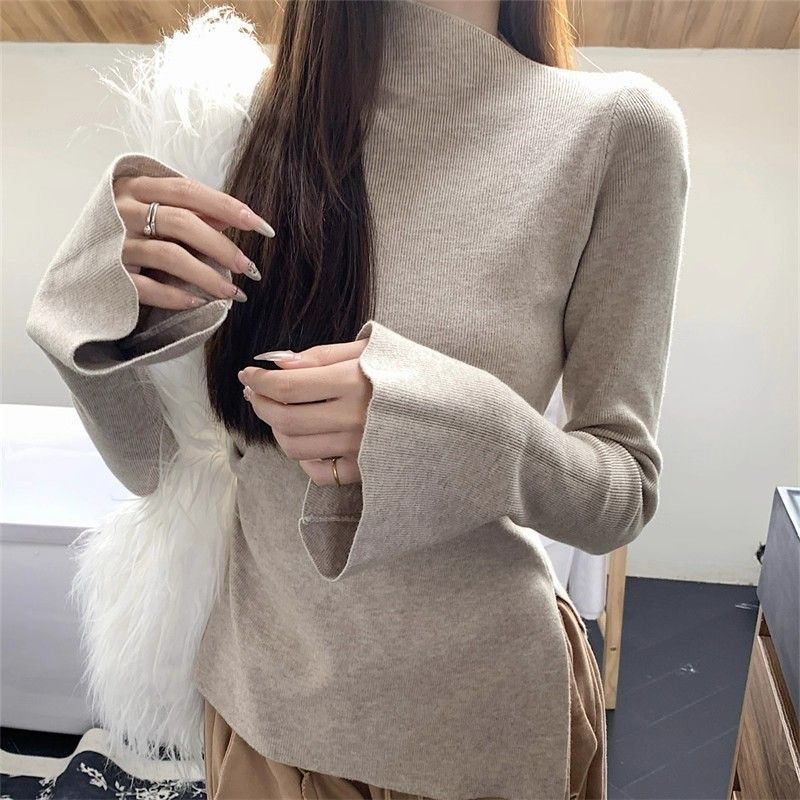 韩版温柔风不规则高领喇叭袖针织衫女秋冬收腰开叉内搭打底衫毛衣