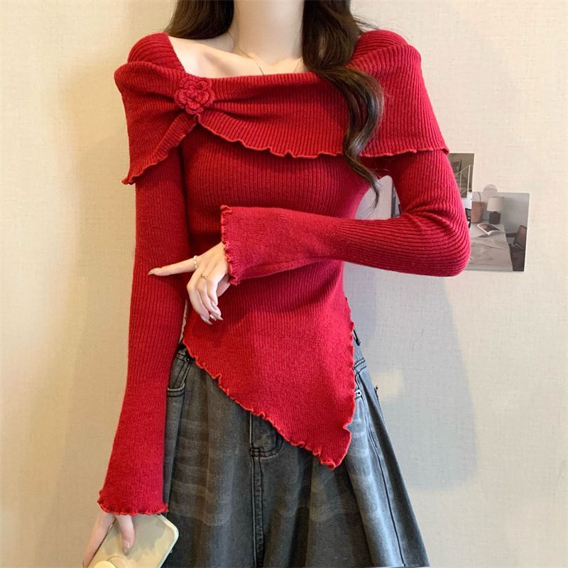 气质温柔立体花朵一字肩上衣女秋冬新款显瘦洋气木耳边针织衫毛衣