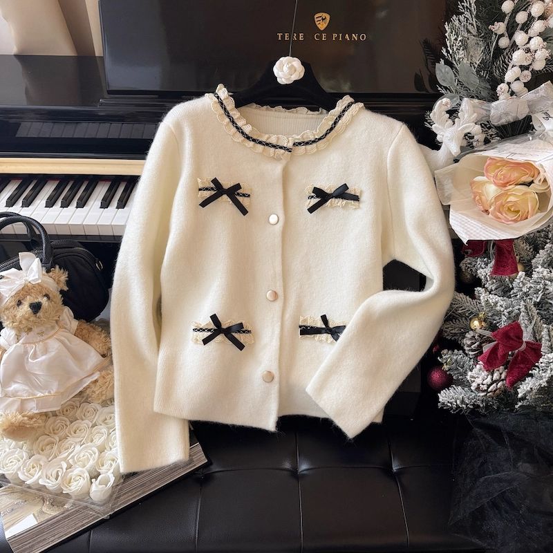 小香风蕾丝边拼接针织开衫女上衣2025春秋法式蝴蝶结长袖外搭毛衣