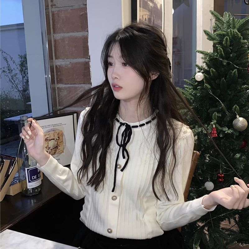 春季新款法式设计感蝴蝶结领带女小香风洋气上衣圆领长袖针织开衫
