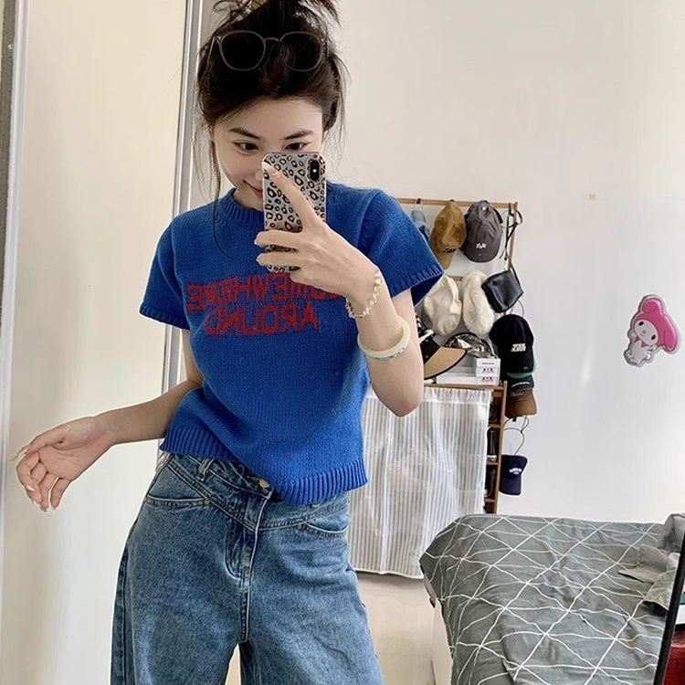 蓝色圆领正肩冰丝针织衫女夏季2025新款爆款修身短款短袖T恤上衣
