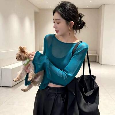 洋气减龄蓝色正肩圆领微透针织衫女秋季新款薄款防晒罩衫长袖上衣
