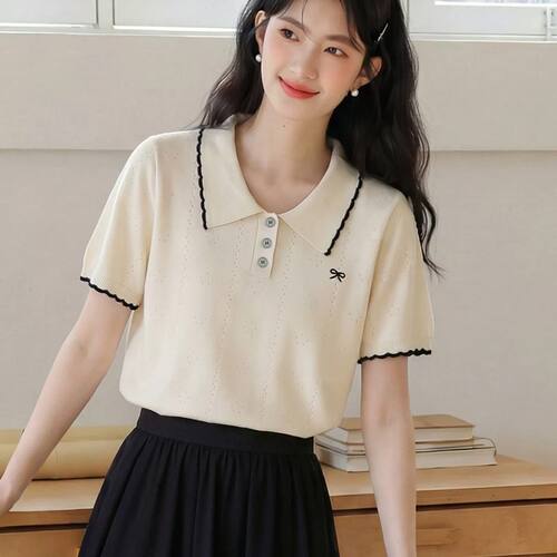 韩系蝴蝶结刺绣短袖针织衫女夏季POLO领学院风修身百搭甜美风上衣