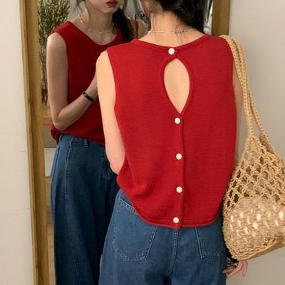 红色冰丝针织背心女夏外穿设计感小众后背镂空露背无袖上衣高级感