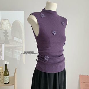 短上衣小香风圆领正肩无袖 花朵设计感修身 针织背心 新款 女2026夏季