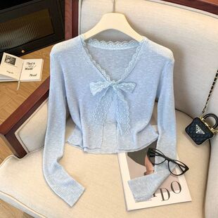 薄款 女春夏防晒空调罩衫 冰丝外搭小上衣 针织开衫 蕾丝拼接花边长袖