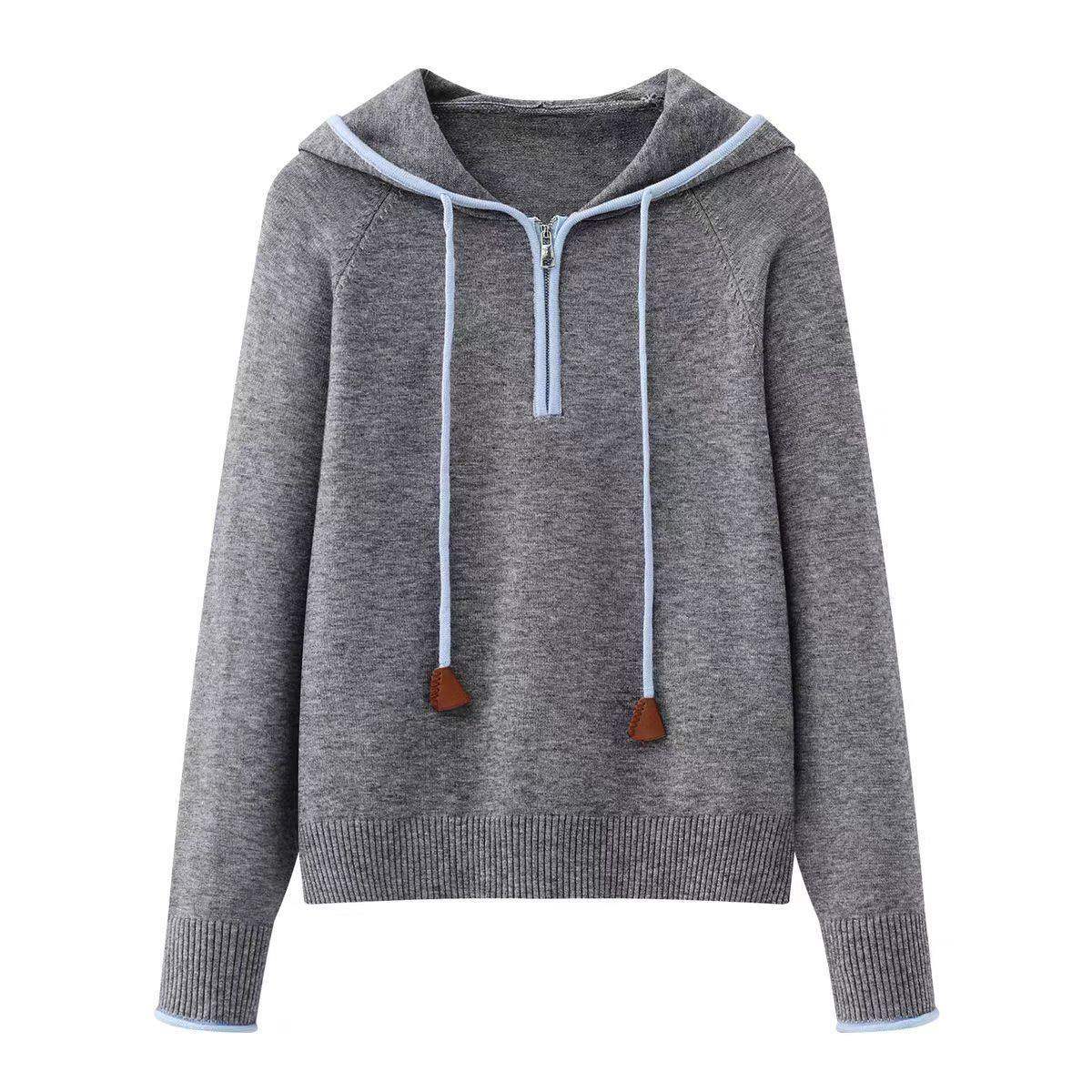 学院风连帽抽绳针织衫女灰色套头长袖毛衣时尚洋气大地色系打底衫,女装/女士精品,毛针织衫,淘宝优惠券,粉丝福利购,淘宝优惠卷