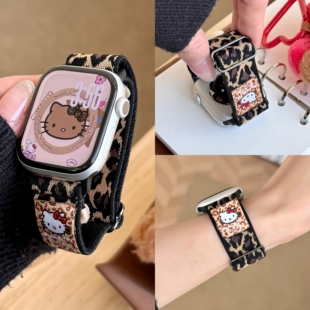 适用苹果applewatchS11手表带iwatchultra3/2新年限定豹纹凯蒂S7回环S10弹力尼龙编织S9高级S8替换腕带49mm