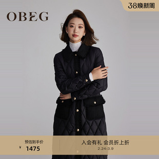 OBEG欧碧倩设计感黑色编织拼接小香风羽绒服中长女冬季50484573