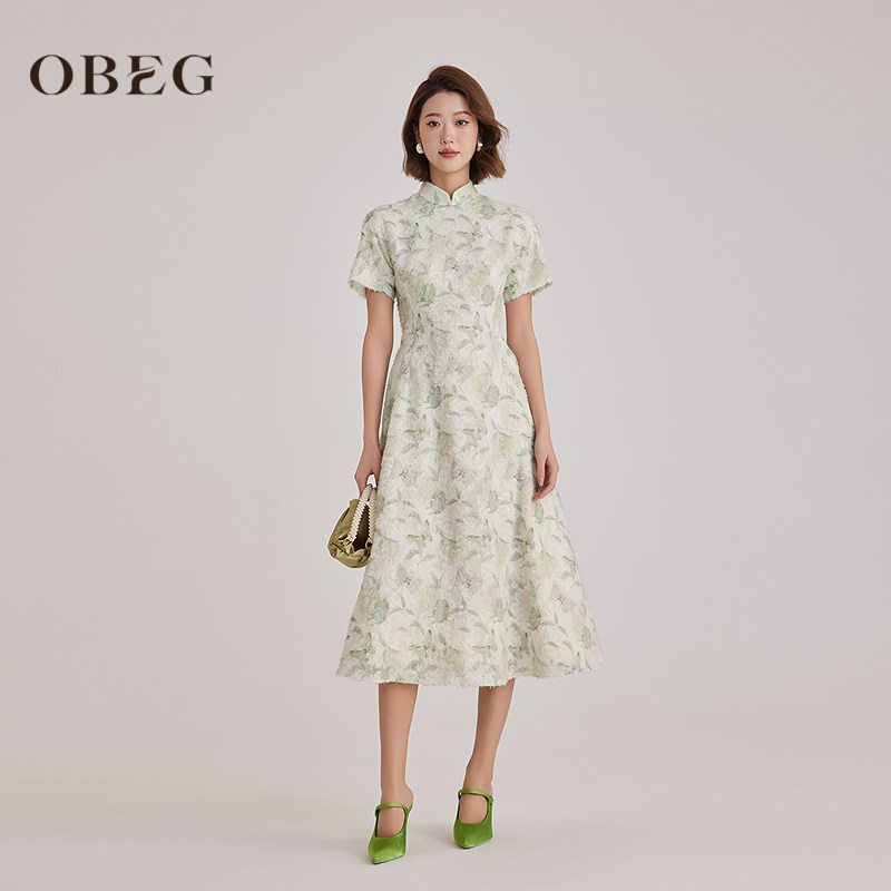 OBEG欧碧倩重要场合新中式漂亮连衣裙春蝴蝶纱改良旗袍裙10501093