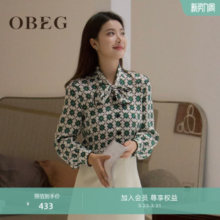 10463094 小众设计感衬衫 OBEG欧碧倩秋季 飘带领印花上衣轻熟法式