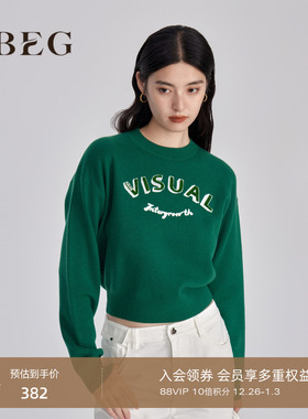 OBEG欧碧倩字母提花短款刺绣毛衣女冬季款套头羊毛衫10444049