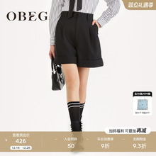 OBEG欧碧倩高腰黑色短裤毛涤精纺春秋廓形显瘦靴裤10463040