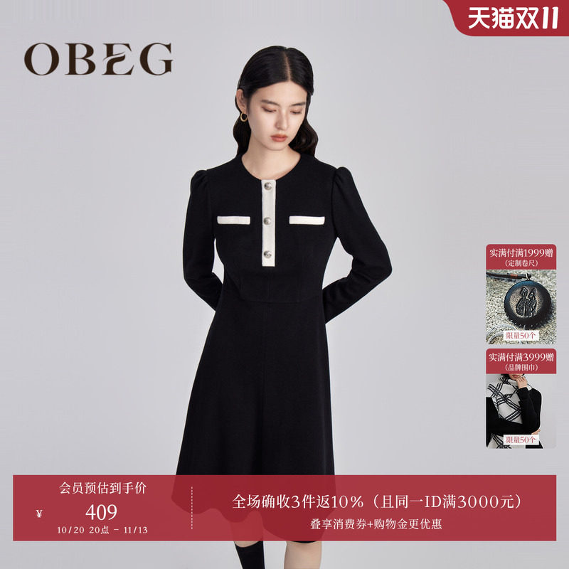 OBEG欧碧倩小香风连衣裙女冬装修身针织羊毛衣裙10444119