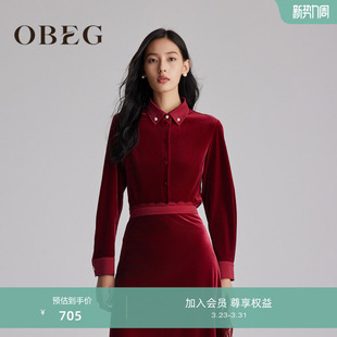 OBEG欧碧倩复古风红色丝绒长袖 秋冬通勤穿搭上衣10484047 衬衫