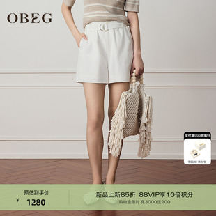 OBEG欧碧倩白色天丝亚麻高腰休闲短裤 女26夏10522045 商场同款