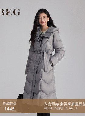 90鹅绒】OBEG欧碧倩加厚收腰羽绒服女连帽保暖过膝长外套10484134
