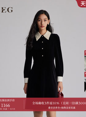 OBEG欧碧倩流光复古丝绒连衣裙女冬设计感钉珠法式小黑裙10484053