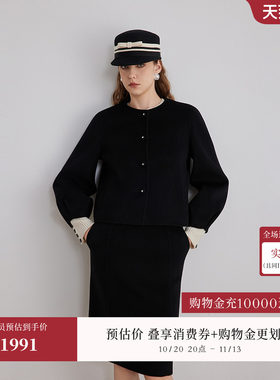 羊毛+羊绒OBEG欧碧倩冬季复古灯笼袖双面呢短款黑色外套10504194