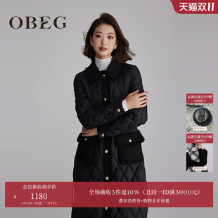 OBEG欧碧倩设计感黑色编织拼接小香风羽绒服中长女冬季50484573