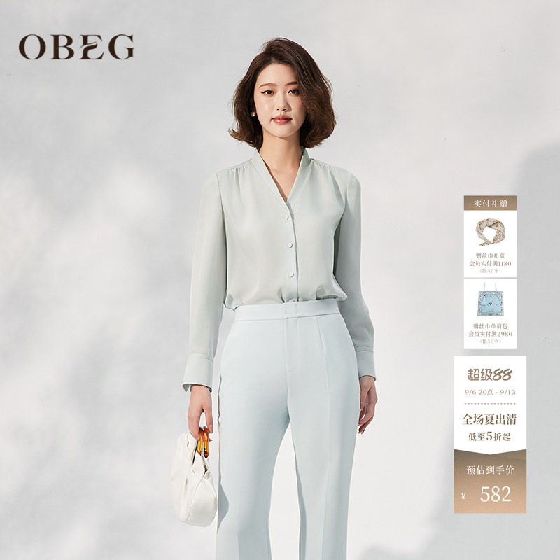 OBEG欧碧倩极简流光缎面衬衫女春夏柔系职场穿搭衬衣10502004图片