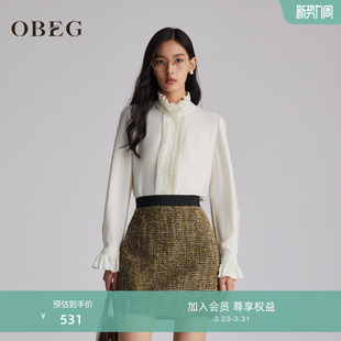 温柔气质长袖 冬季 衬衣10484037 洋气女士衬衫 OBEG欧碧倩木耳边法式