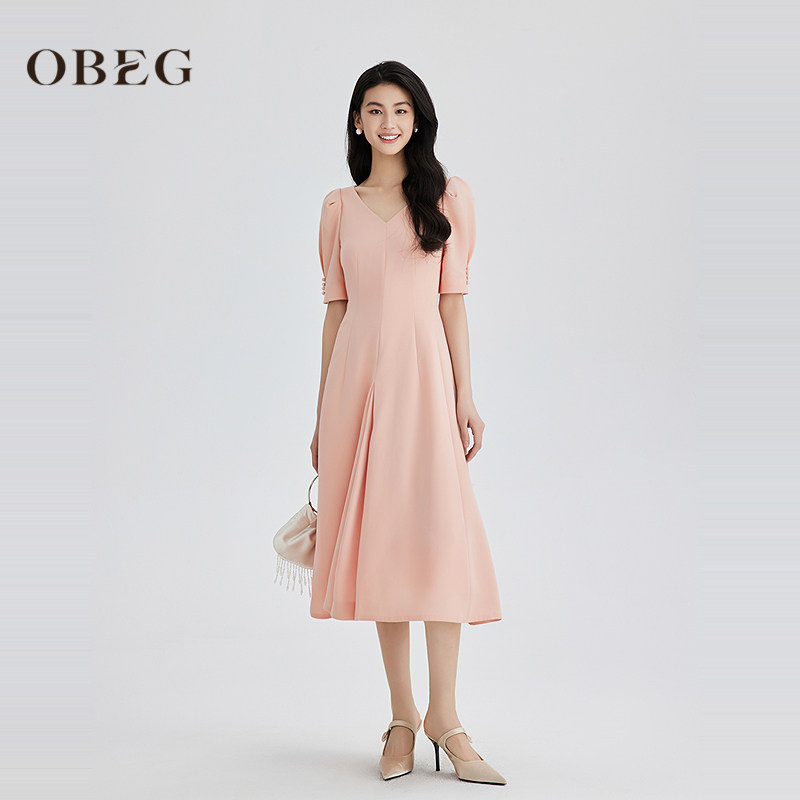 OBEG欧碧倩温柔法式V领泡泡袖连衣裙女夏收腰气质中长裙10502035