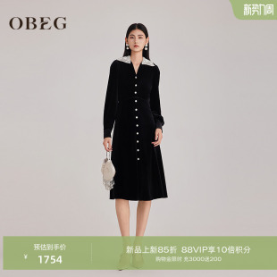 OBEG欧碧倩春复古千金感黑丝绒连衣裙轻熟贵气收腰中长裙10501049