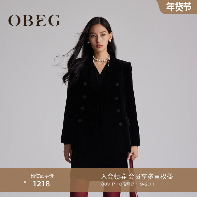 OBEG欧碧倩复古丝绒黑色西装外套女冬高级感修身正装西服10484046,女装/女士精品,西装,淘宝优惠券,粉丝福利购,淘宝优惠卷