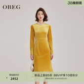 OBEG欧碧倩春季 丝绒珠饰领连衣裙贵气感醋酸轻礼服裙10501050 法式