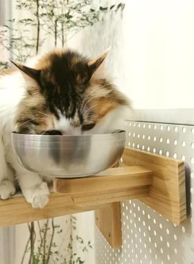 护颈椎墙碗猫食盆猫碗狗碗实木底座食品级不锈钢碗防打翻猫咪挂碗
