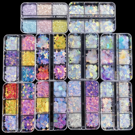 网红6格美甲饰品星星亮片金光透明闪片浪漫花瓣小贝壳diy手工装饰