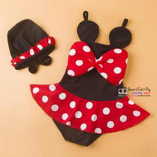 一岁4儿童泳衣大女童米妮公主婴儿幼儿连体游泳装 小宝宝女孩2泳帽