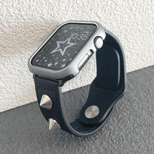 朋克金属铆钉真皮适用iwatch表带