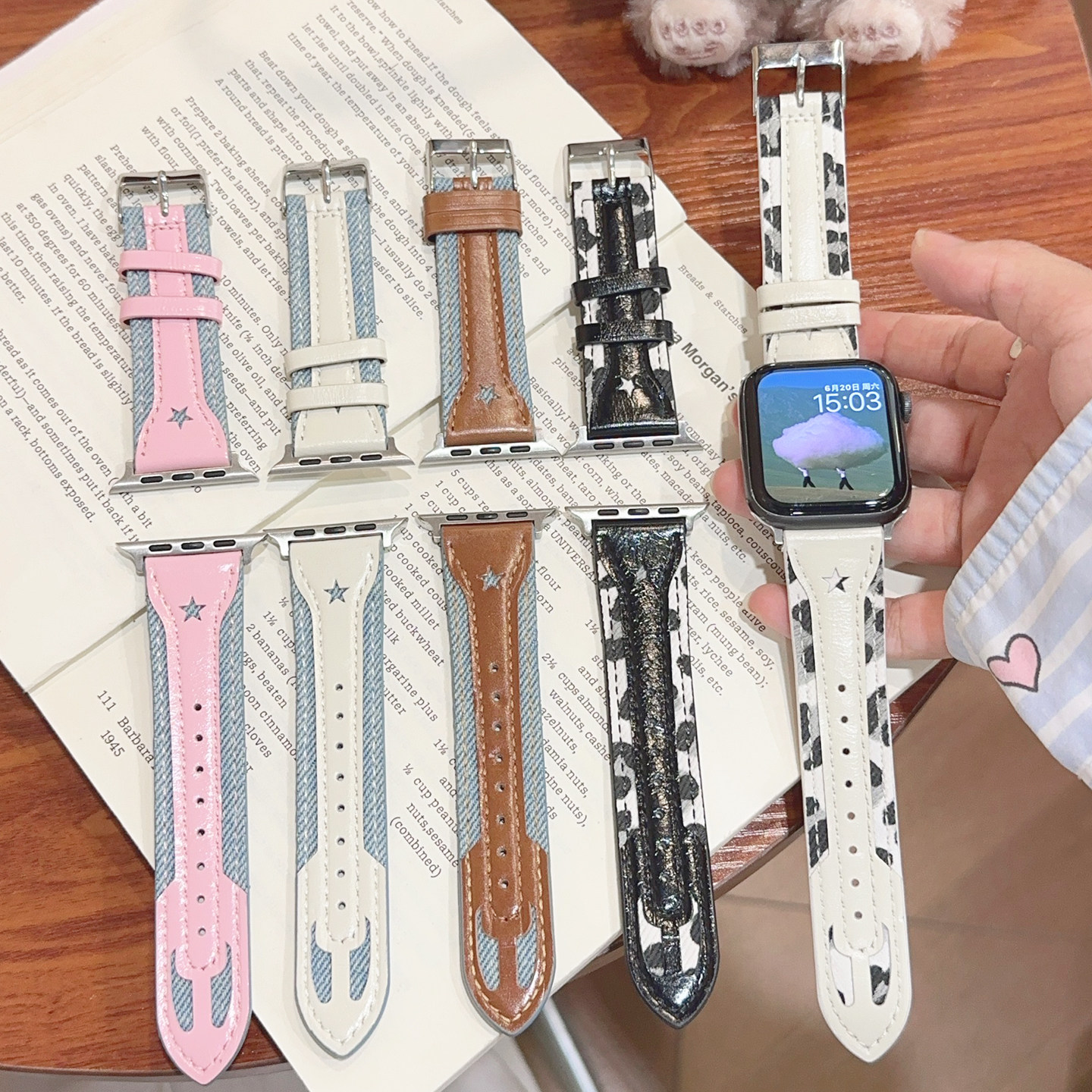 拼色牛仔豹纹皮革适用iwatch表带