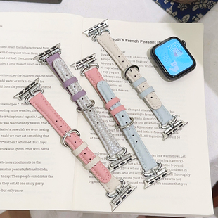 半环皮革小众拼色高级感iwatch表带se适用Applewatch苹果s9手表s8