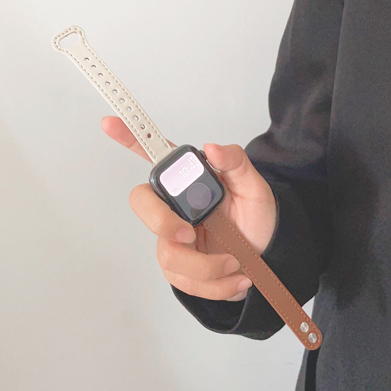 小蛮腰拼色真皮双钉日系iwatch表带se适用applewatch苹果s7手表s8
