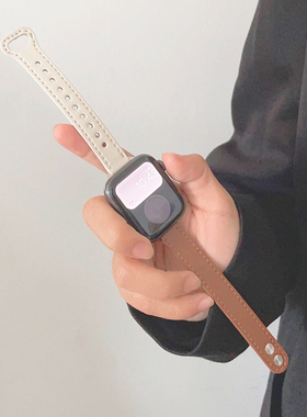 小蛮腰拼色真皮双钉日系iwatch表带se适用applewatch苹果s7手表s8