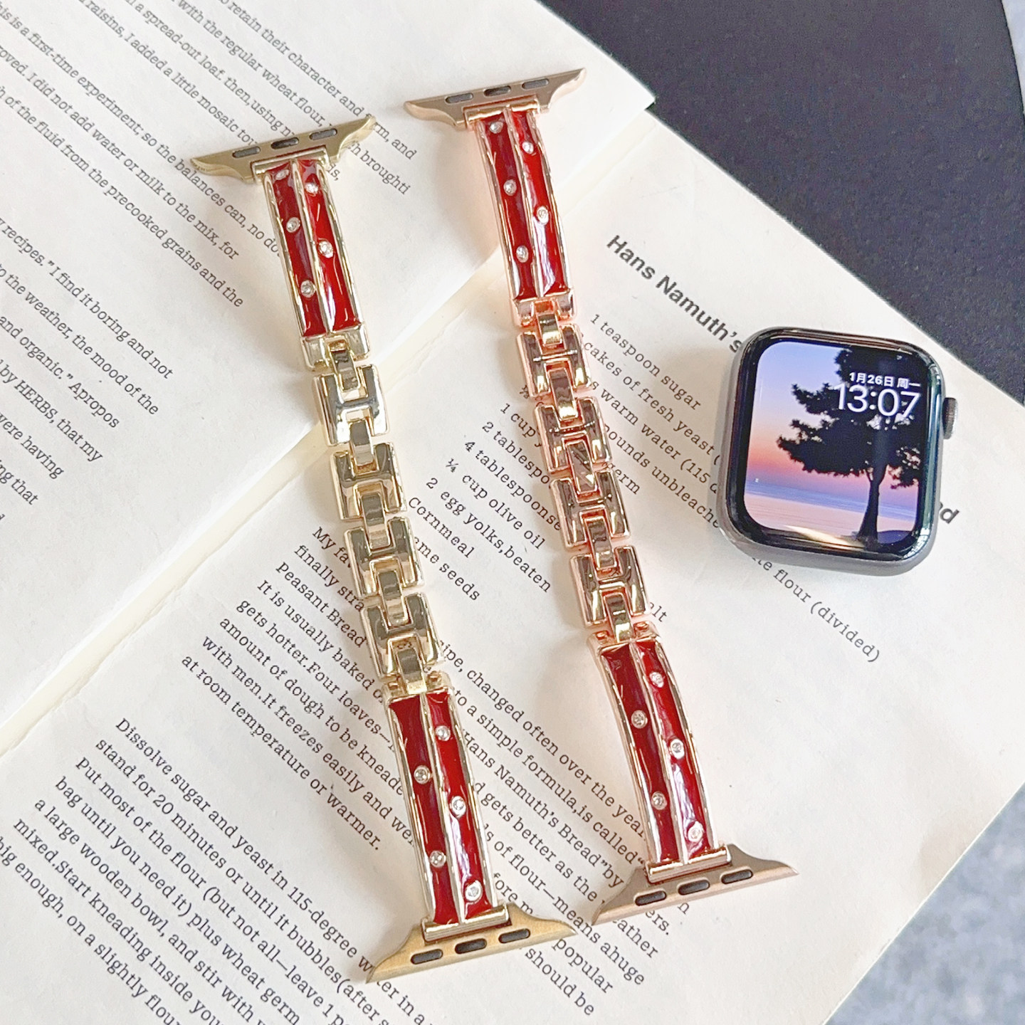 新年红色金属手镯细款iwatch表带S10适用Applewatch苹果S11手表SE