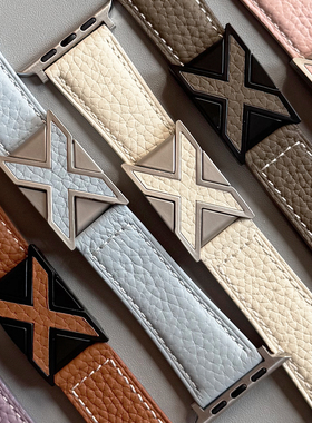 荔枝纹皮革SE磁吸X扣iwatch表带S11适用applewatch苹果S10手表789