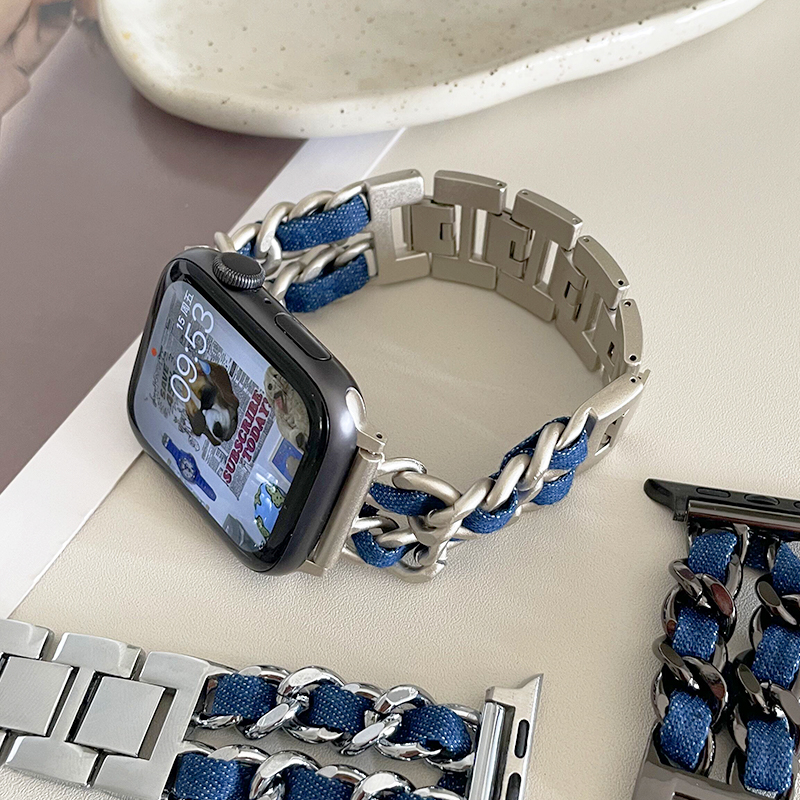 星光色金属牛仔布链条iwatch表带适用苹果s8手表applewatch新款s9