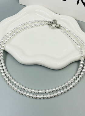 双层白色珍珠圆珠锁骨链优雅