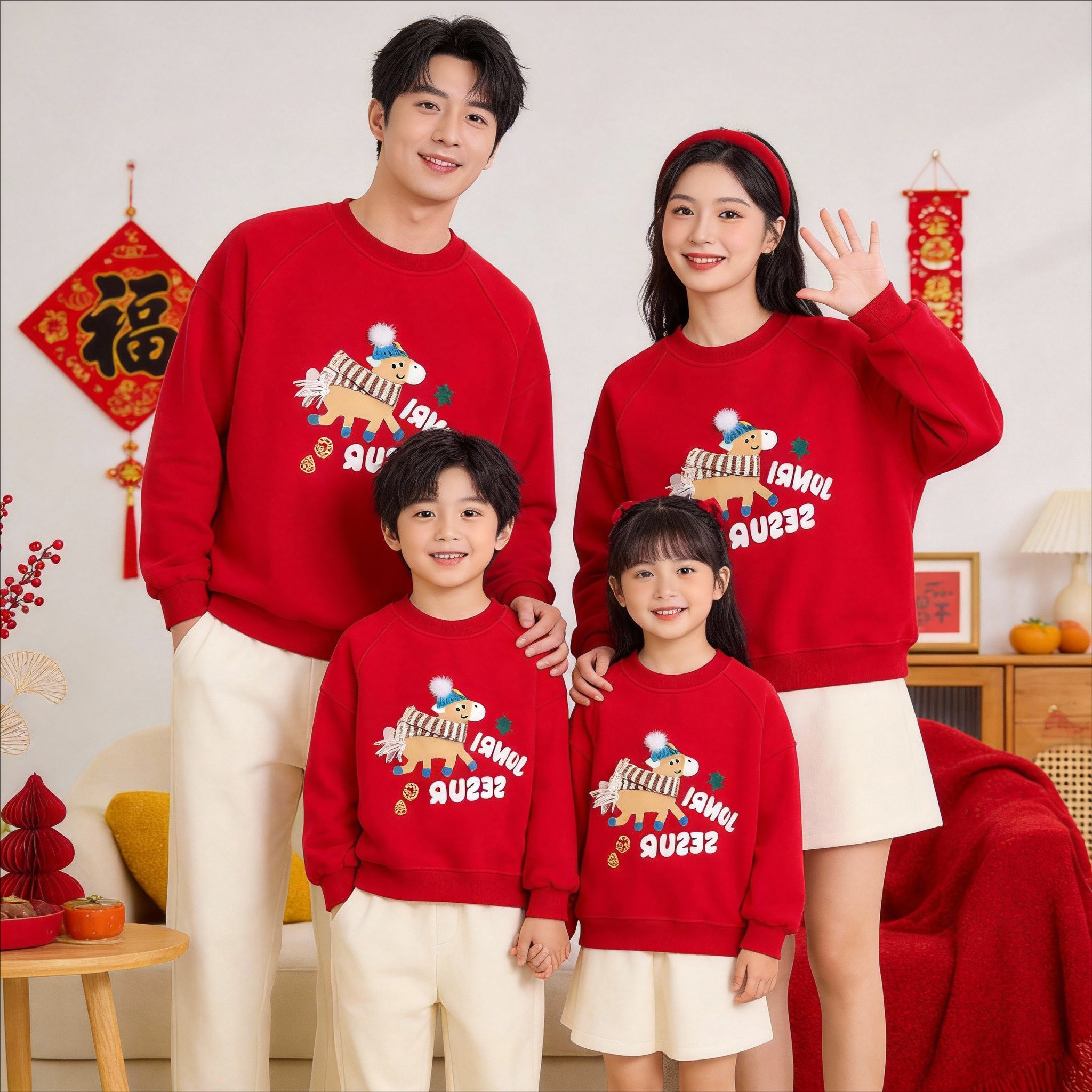 马年亲子装一家三口四口母女款喜庆高级感加绒卫衣冬装全家福衣服