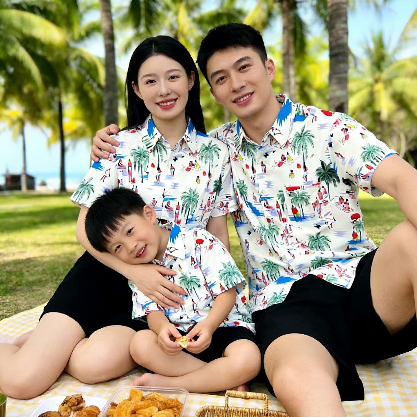 海边度假亲子装夏季花衬衫2026新款一家三口全家装父子短袖衬衣潮
