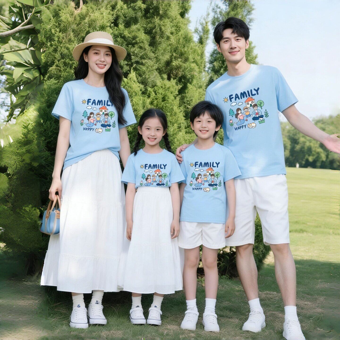 2026新款亲子装夏季家庭旅游一家三口四口母女裙子多巴胺短袖套装