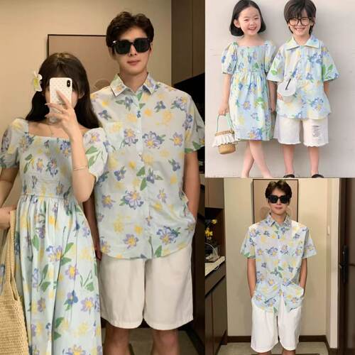 法式亲子装海边度假沙滩裙复古衬衫一家三口四口高级感夏季碎花裙