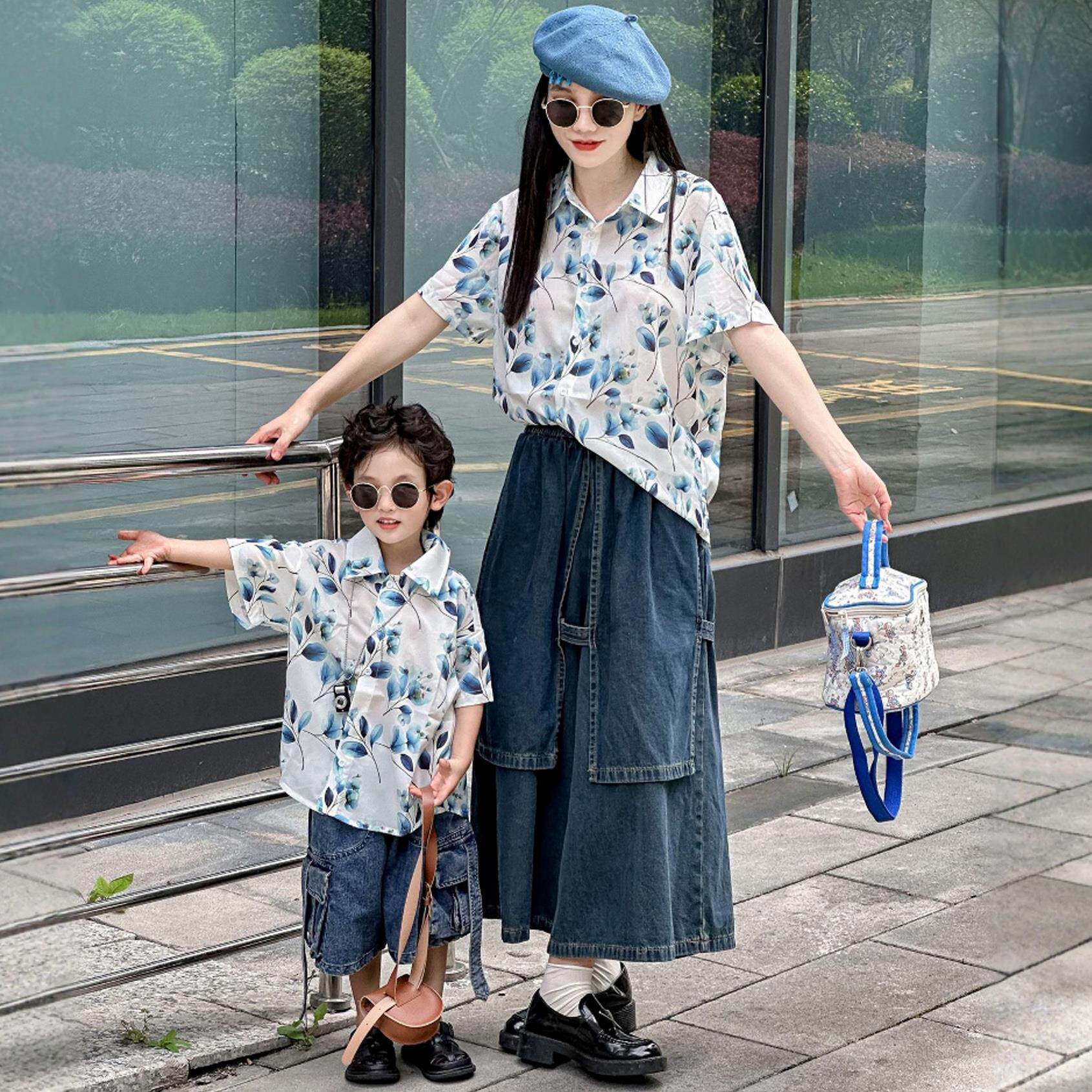 港风复古亲子装夏季一家三口度假母子炸街短袖衬衫夏装碎花衬衣潮