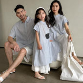 夏季 衬衣母女中长款 一家三口衬衫 短袖 裙子潮 条纹全家装 高端亲子装